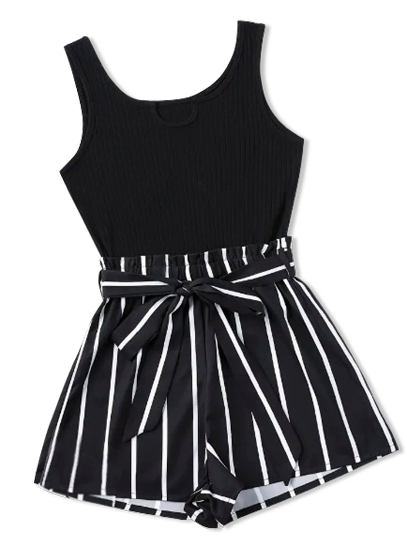 Women’s Crop Tank & Shorts Set 🌸 Ribbed Top Striped Belted Waist Outfit ✨