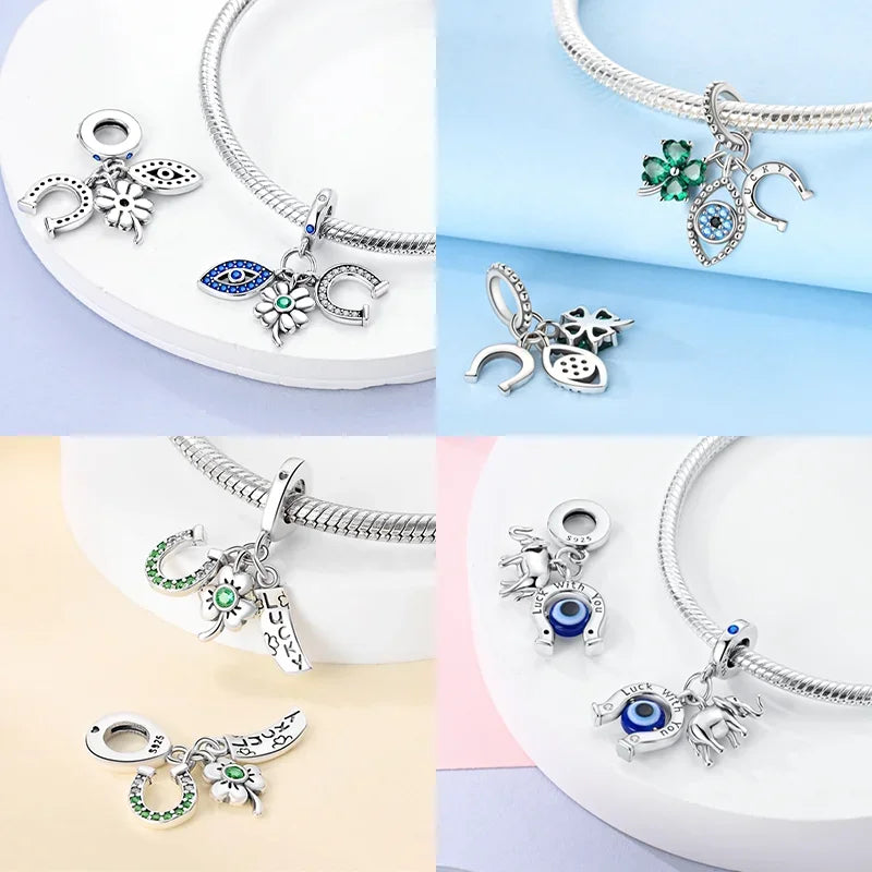 925 Sterling Silver Lucky Eye & Four Leaf Clover Charms – S925 Beads Fit Pandora Bracelet DIY Jewelry Gift for Women