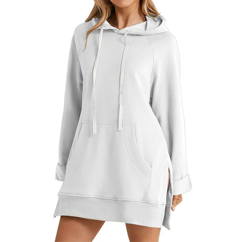 Women’s Hoodie Dress | Loose Mid-Length Pullover | Slit Hem Hooded Top with Pocket