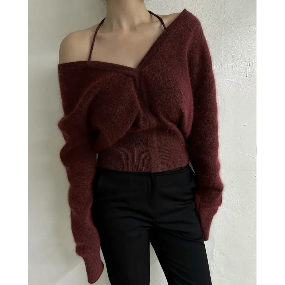Women's Knitted V-Neck Top 👚 Chic Two-Way Wear ❄️ Hanging Shoulder Design Thickened Winter Fashion 🌟 Ladies' Knitwear