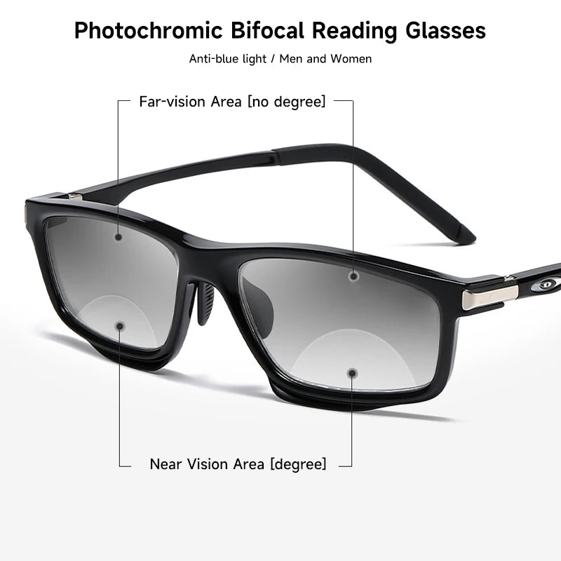 Photochromic Bifocal Reading Glasses for Men & Women – Anti-Blue Light Multifunctional Aluminum Magnesium Sports Eyewear