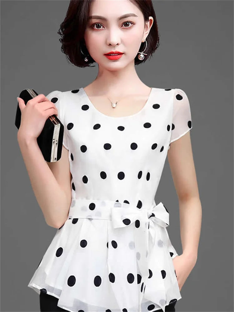 Women’s Polka Dot Chiffon Shirt 🌸 Summer Short Sleeve Fitted Top ✨