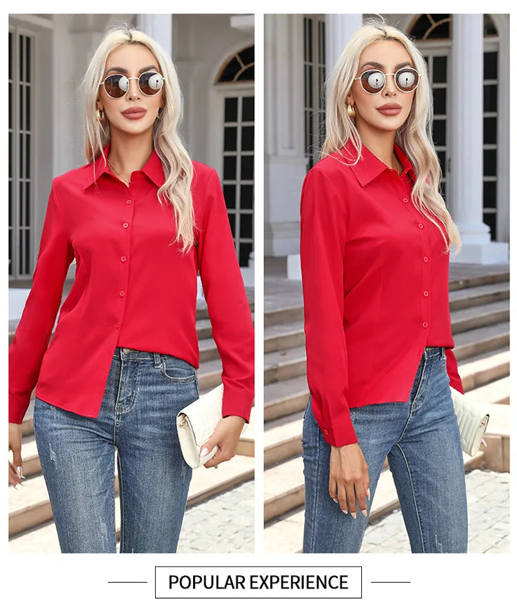 Women’s Solid Color Long Sleeve Shirt – Spring Autumn Casual Turn-Down Collar Loose Top