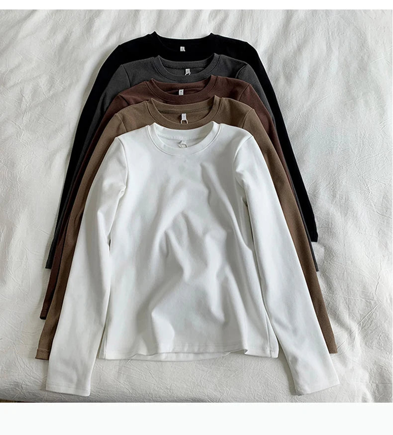 Women's Thermal Long Sleeve T-Shirt | Fleece-Lined Round Neck Top | Autumn Winter Fashionable Inner Wear