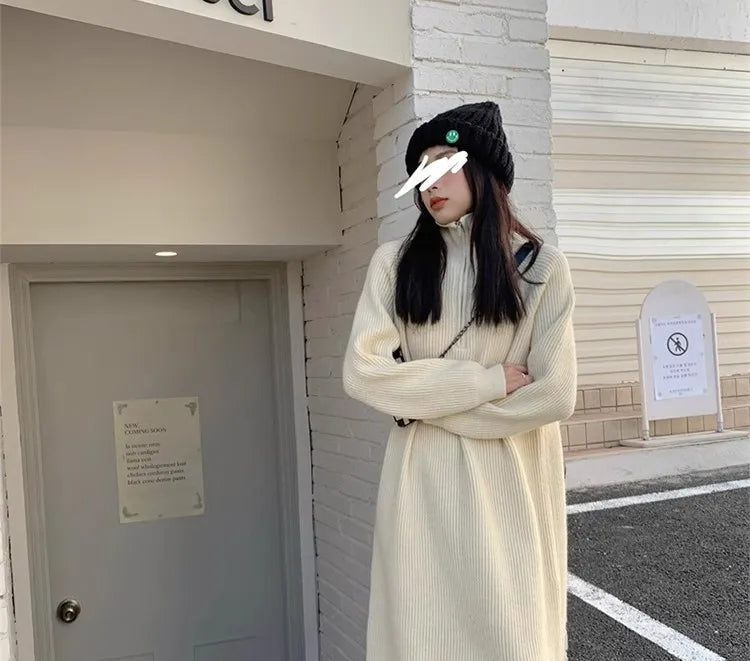 Autumn Winter Knitted Zipper Collar Dress for Women – Long Sleeve Loose Fit Pure Color H-Shape Casual Warm Dress