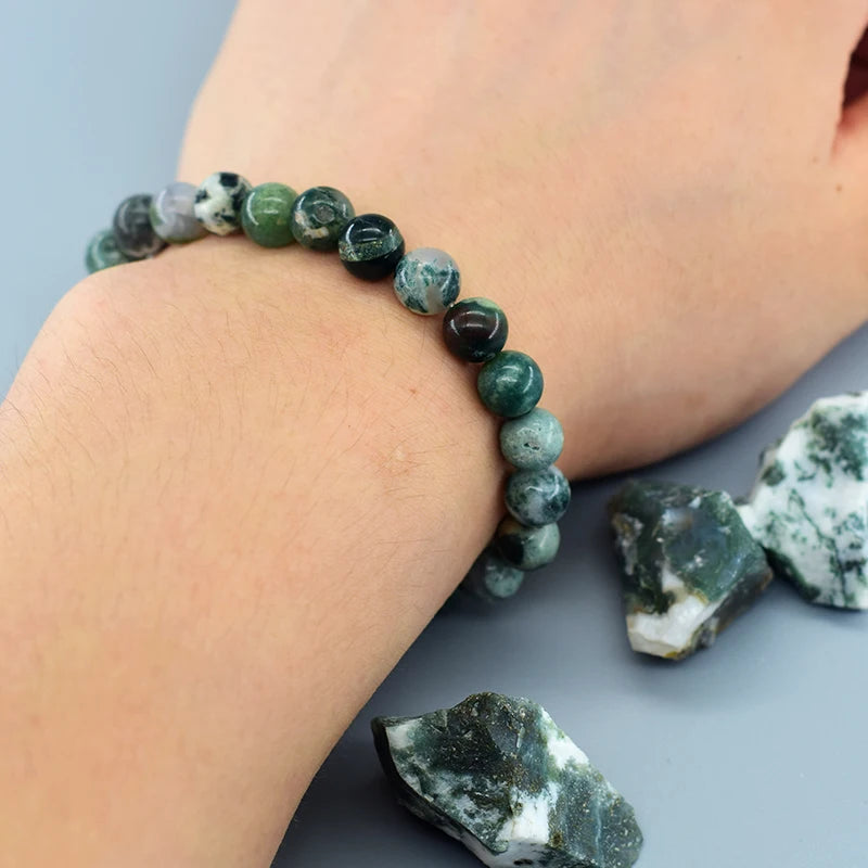 Natural Tree Pattern Agate Beaded Bracelet | Lapis Lazuli, Moss Agate & Jade Energy Healing Jewelry for Men & Women