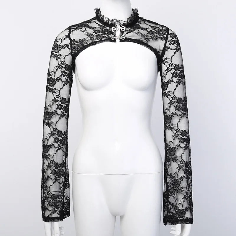 Dark Black Goth Top | Women’s Vintage Flared Sleeve Gothic T-Shirt Y2K Party Wear