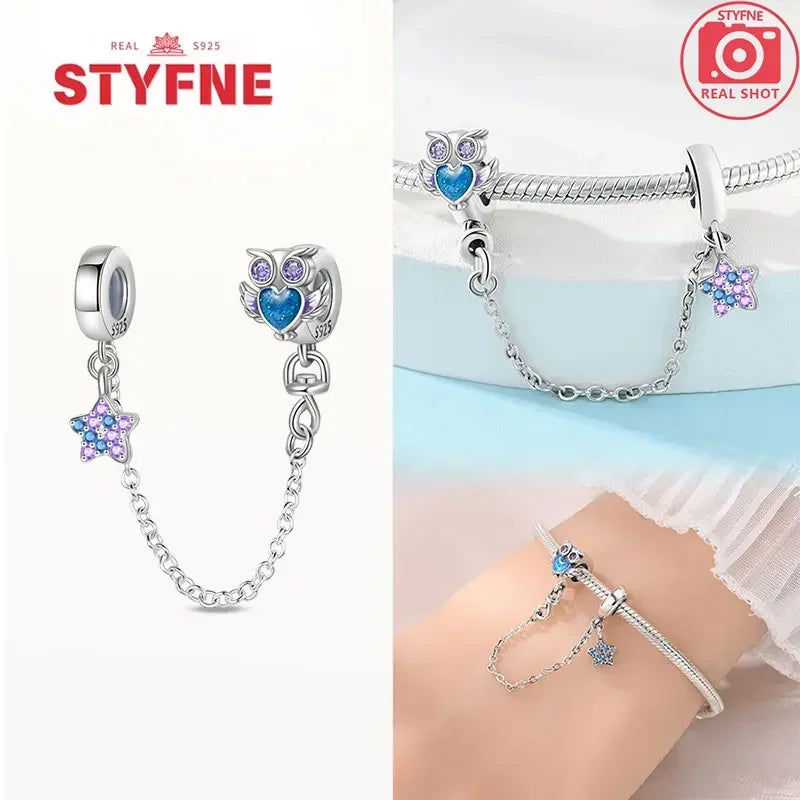 S925 Silver Cute Cat Heart Bead Safety Chain Fit Original Bracelet