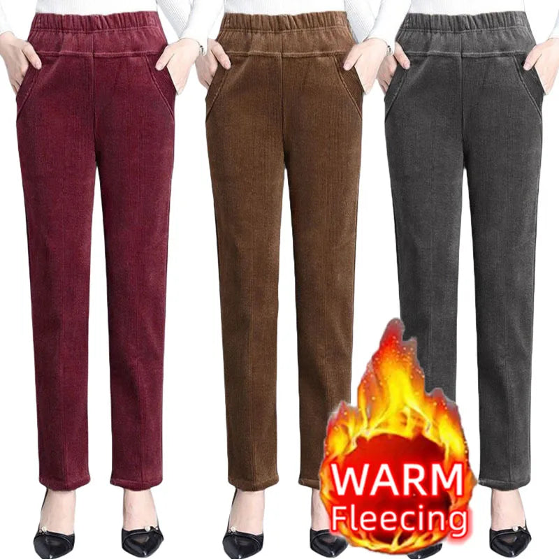 Autumn Winter Women’s Plush Fleece Pencil Pants – High Waist Corduroy Leggings | Elegant Office Trousers