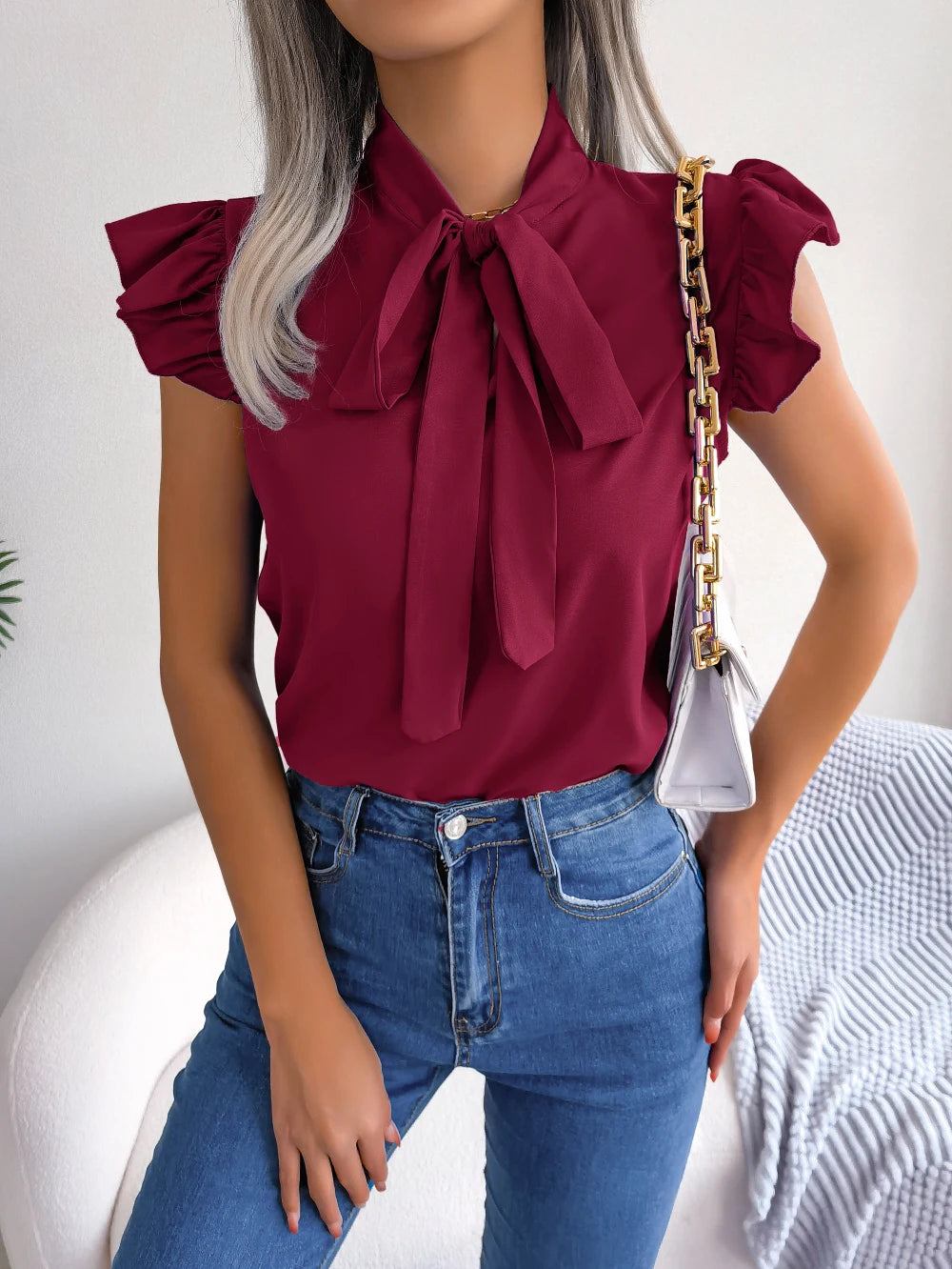 Women’s Summer Bow Ruffle Short Sleeve Chiffon Blouse – Casual Chic Top 👚☀️