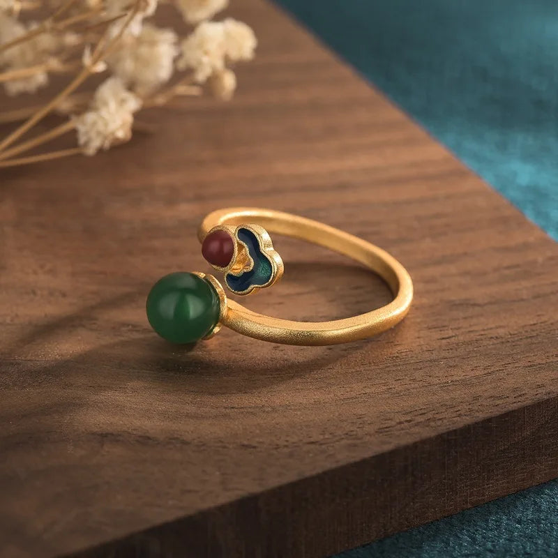 PANJBJ 925 Sterling Silver Hotan Jade Geometric Adjustable Ring | Retro Delicate Jewelry Gift for Women