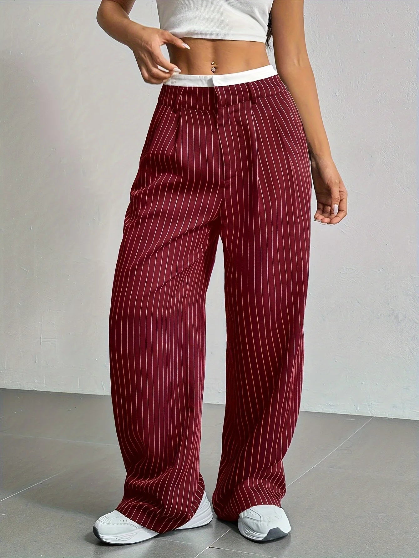 Women’s High Waist Straight Leg Pinstripe Trousers | Office & Casual Striped Dress Pants with Pockets