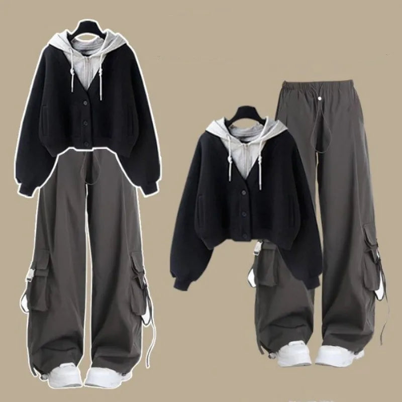 2025 Girls’ Autumn Winter Casual Tracksuit – Korean Style Hooded Sweatshirt & Loose Cargo Pants 👧❄️