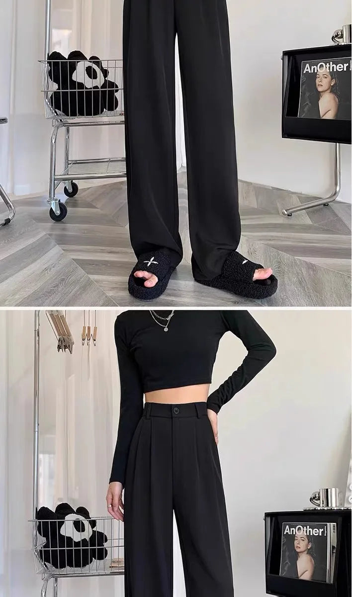 Women’s Slim Fit Straight Leg Suit Pants | Summer Thin Black Casual Trousers for Pear Shaped Body & Wide Hips