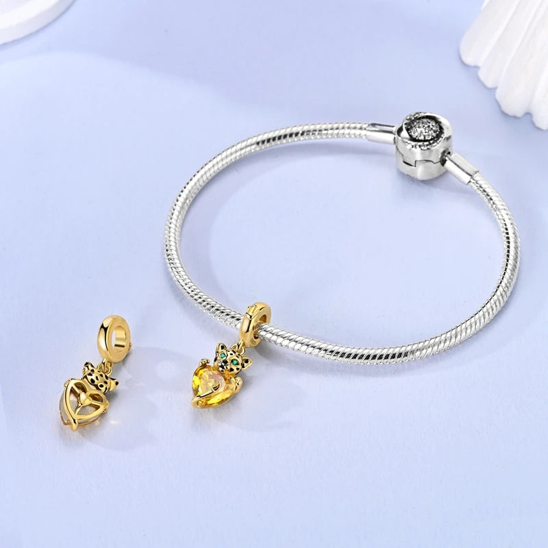 925 Sterling Silver Gold Charms Beads | Leopard, Butterfly, Firefly & Bee Dangle Fit Original Bracelet Women DIY Jewelry Gift
