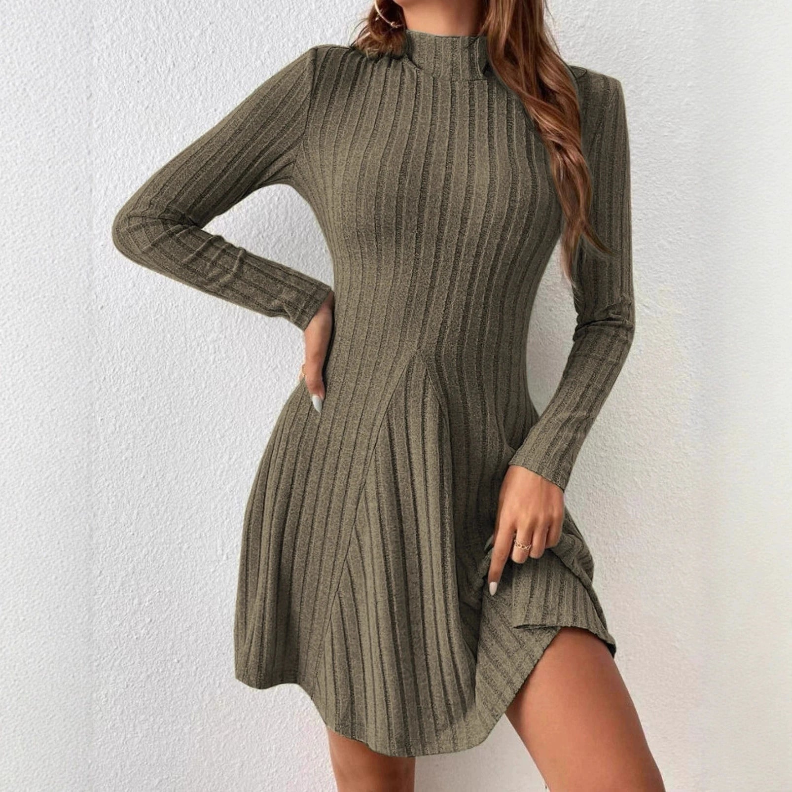 Women’s Slim Fit Half High Collar Dress – Waist Cinched A-Line Pit Stripe Long Sleeve Elegant Autumn Winter Dress