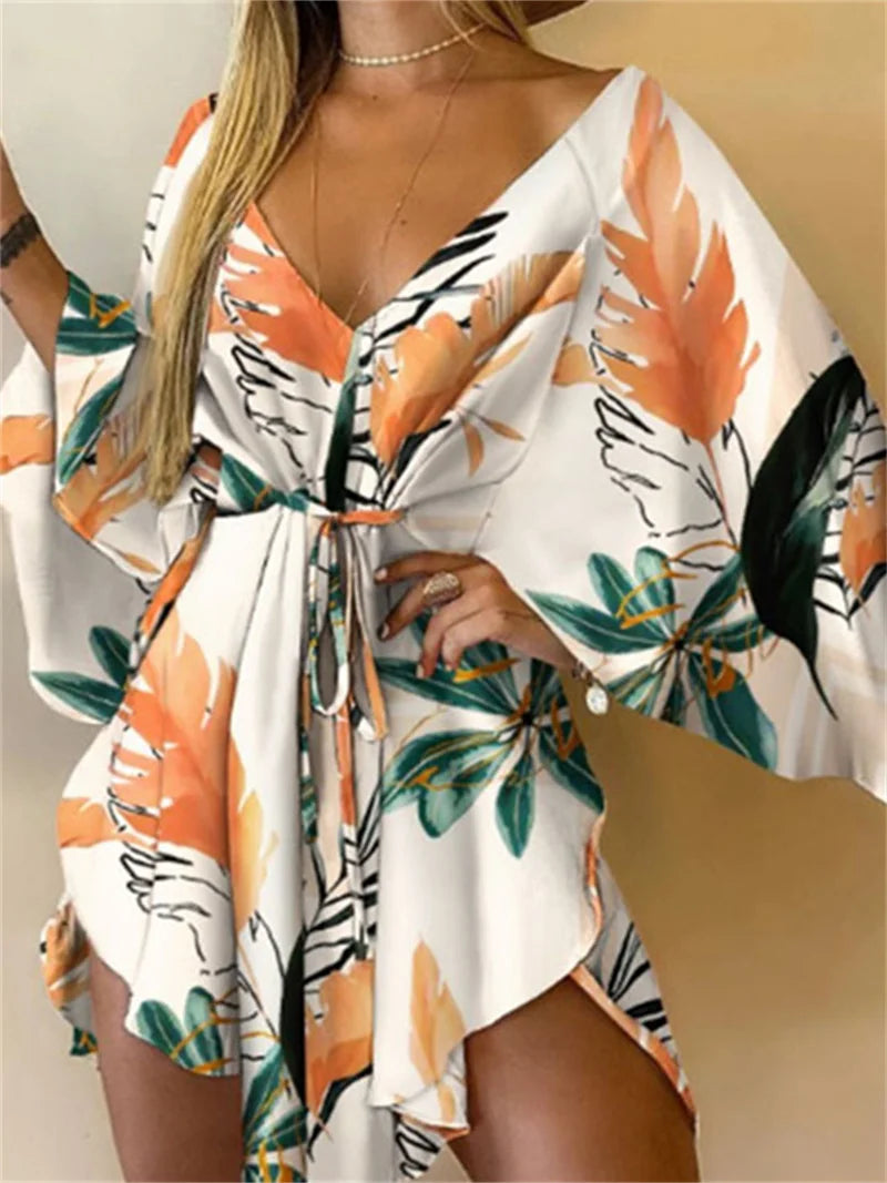 Women’s Floral Print V-Neck Bat Sleeve Dress – Sexy Bohemian Loose Mini Sundress