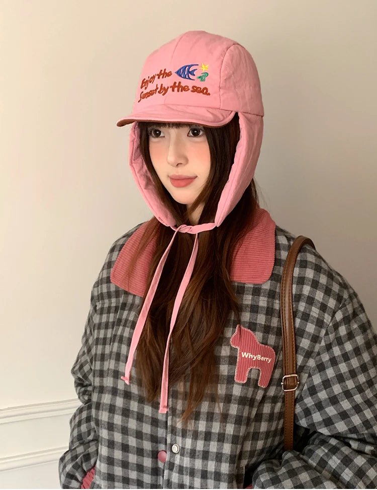 Korean Cute Alphabet Embroidery Thickened Lei Feng Hat Women's Winter Outdoor Cycling Warm Ear Hat Ski Hat