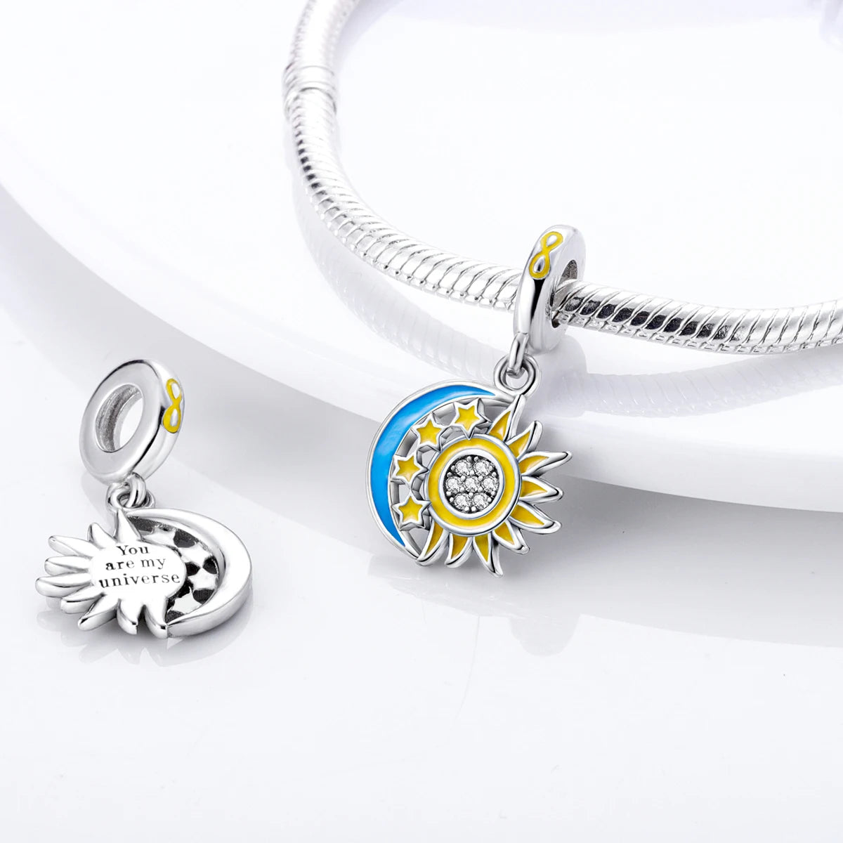 Silver Plated Colorful Glowing Moon & Stars Rainbow Dangle Charms | Fit Original Bracelet & Necklace | Women’s Jewelry Beads