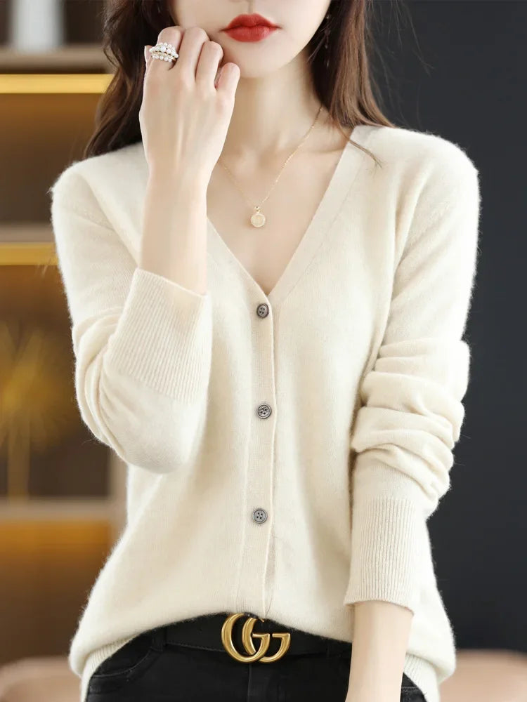 Women Cardigans V-Neck Long Sleeve Knitted Outerwear – Korean Fashion Solid Thin Spring Autumn Sweater