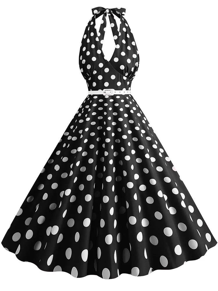 Women’s Vintage Halter Party Dress – Summer Polka Dot Midi Cocktail Prom Elegant Dress