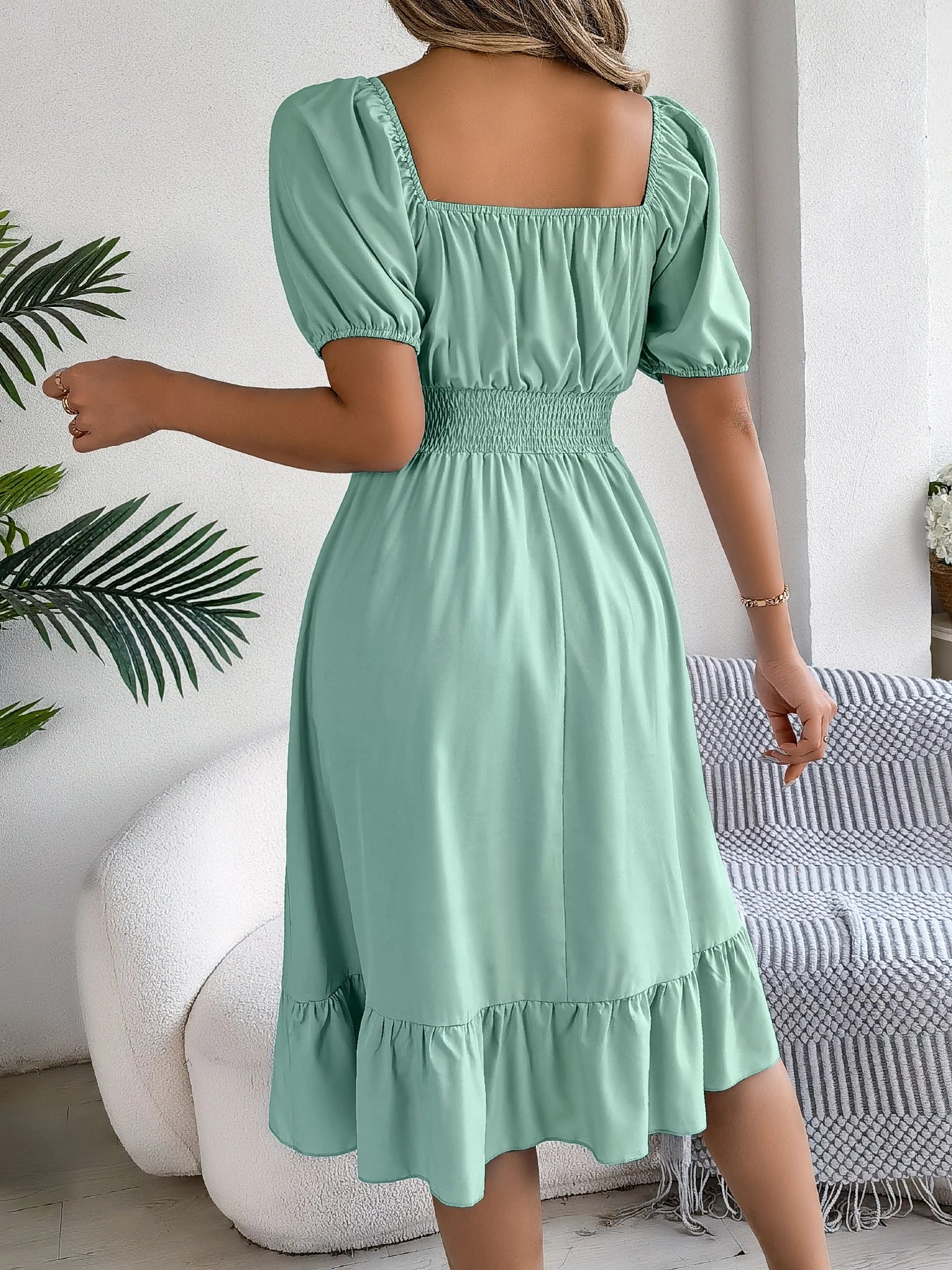 2026 Women’s Elegant High-Waisted Dress – Square Neck, Short Sleeve, Ruffled Edge Long Dress | Spring Summer Valentine’s Day