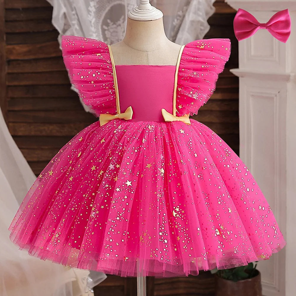 ✨ Hello Kitty Princess Dress for Girls 👑 Sequined Star Tutu Gown 🎀 Ruffle Bow Kids Party & Prom Dress