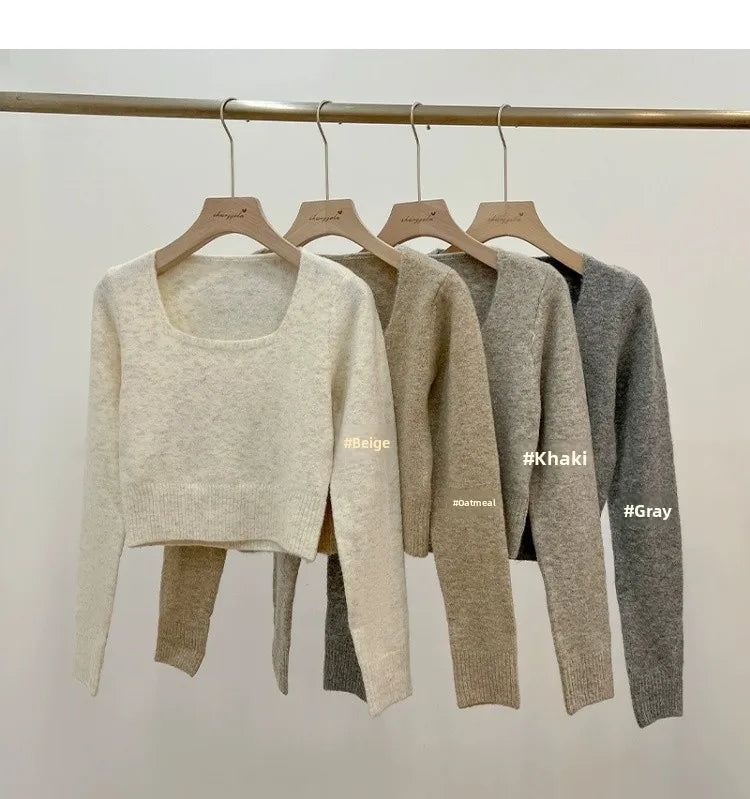 ✨ Soft Short Knitted Sweater Top for Women 🍁 Square Collar Slim Fit | Autumn Winter Inner Base Shirt 👚