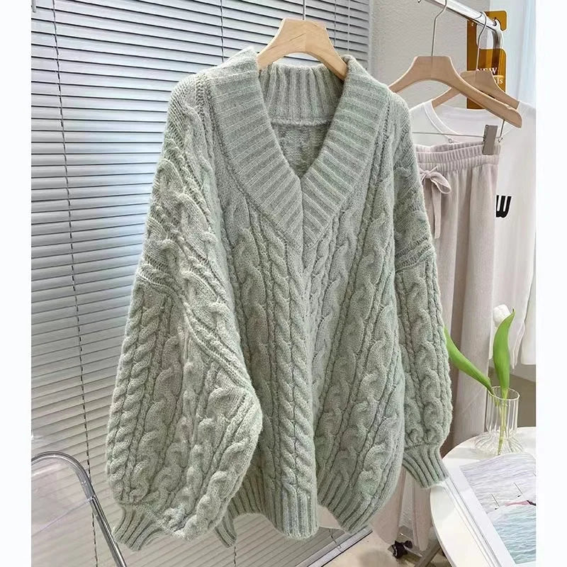 Women’s V-Neck Twisted Knit Sweater – Loose Autumn Winter Outerwear | Lazy Sleeve Soft Knitted Long Sleeve Top