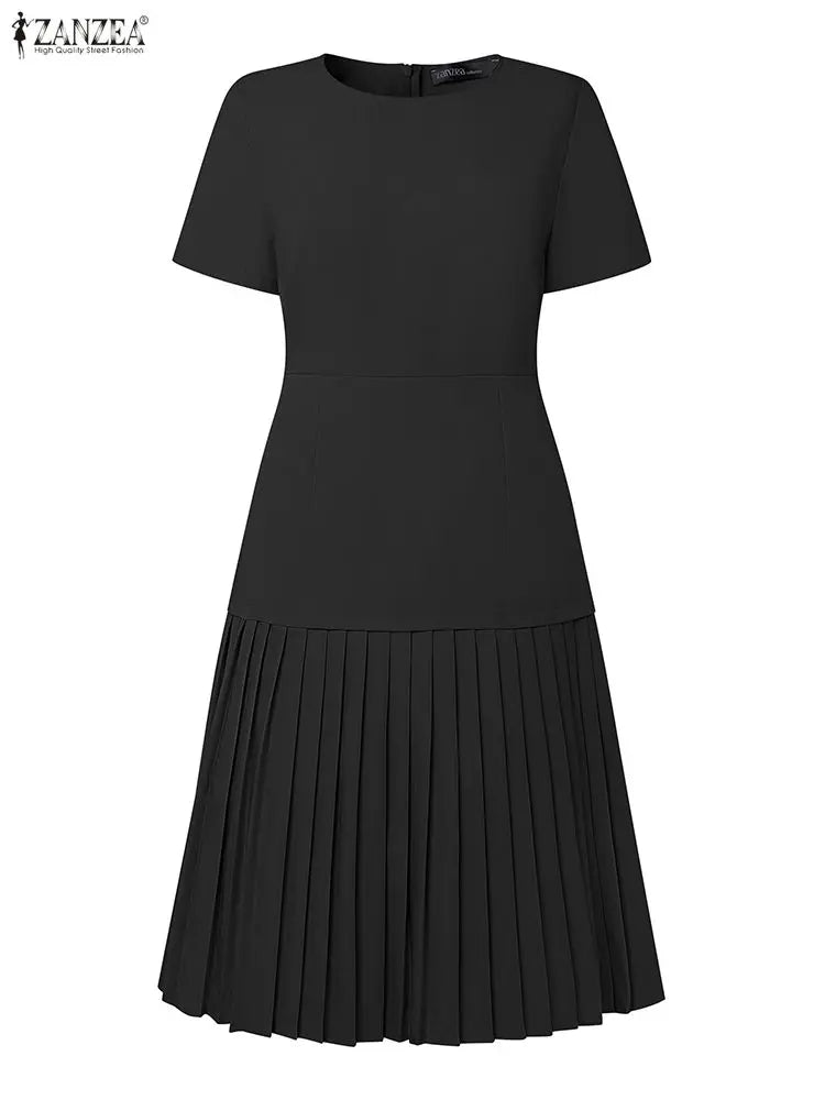 Women Pleated Dress 👗 Elegant O-Neck Short Sleeve Fitted Waist A-Line Knee-Length Dress 🌸 ZANZEA Fashion