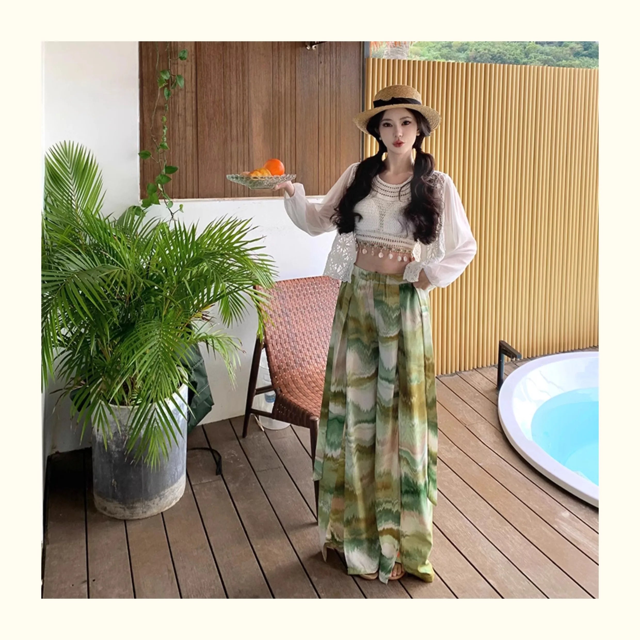 Vacation Style High Waist Wide Leg Pants – Thin Long Ethnic Print Pants for Beach & Holiday Wear