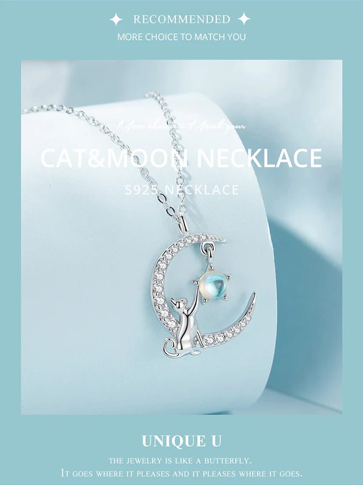 WOSTU 925 Sterling Silver Cat & Rabbit Moon Necklace | Star Zircon Pendant for Women Fine Jewelry Gift