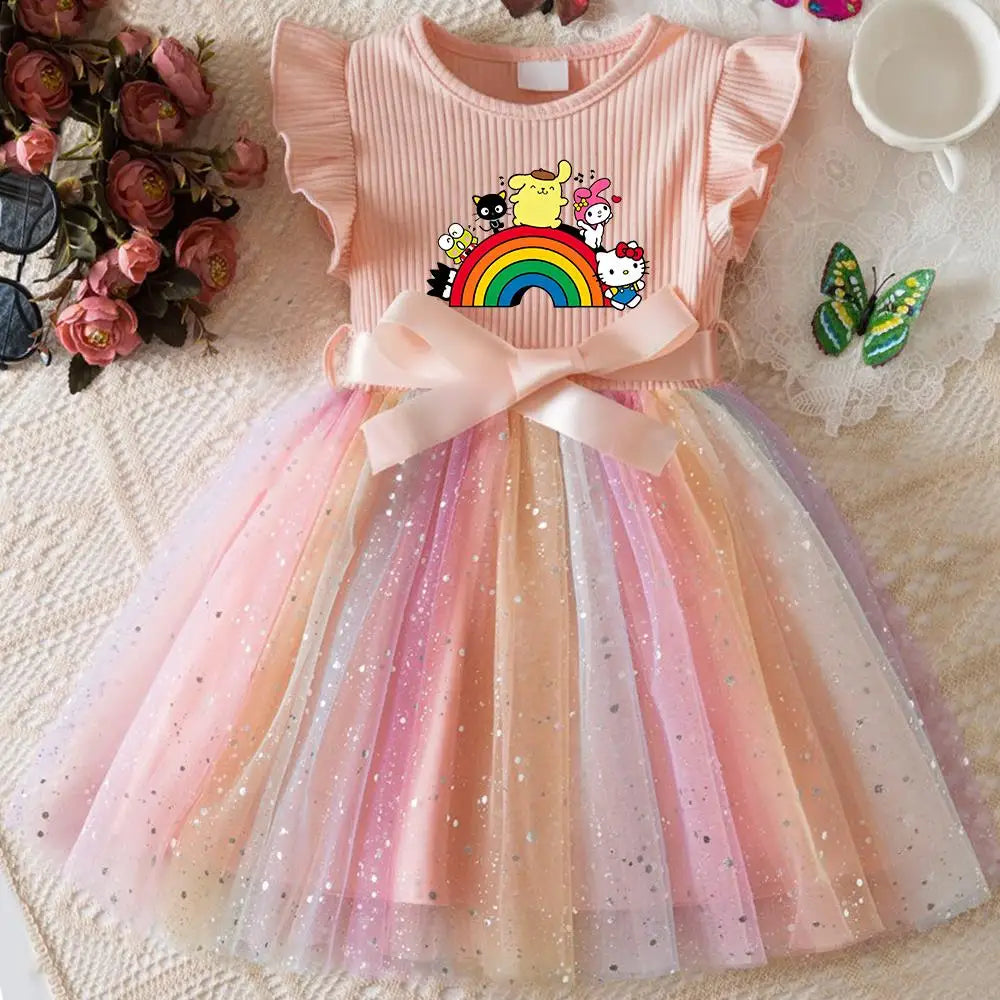 Hello Kitty Flying Sleeves Bow Sequin Princess Dress for Girls | Birthday Party Tutu Dress | Fluffy Baby Girl Dress 1–5 Years