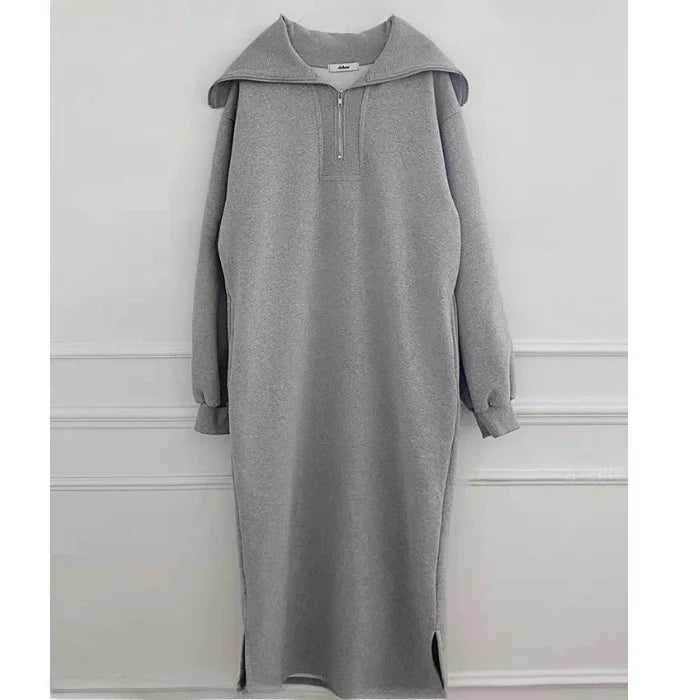 Women’s Winter Collar Zip Dress – Loose Lazy Long Sleeve H-Line Polyester Dress with Zipper, Commute Casual Wear