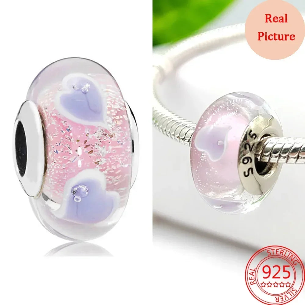 925 Sterling Silver Murano Glass Galaxy & Clover Heart Beads | Fit Pandora Bracelet DIY Jewelry Gift for Mum