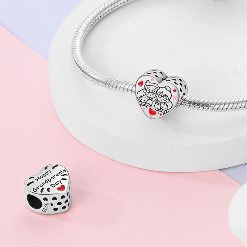 925 Sterling Silver Heart Shaped Warm Family Charm Beads Butterfly Flower Pendant