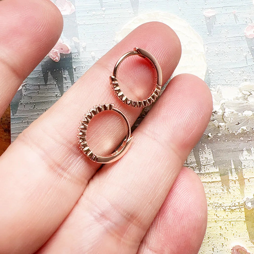 French Setting Rose Gold Hoop Earrings – Solid 925 Sterling Silver Hinged Earrings for Women Romantic Fine Jewelry Gift