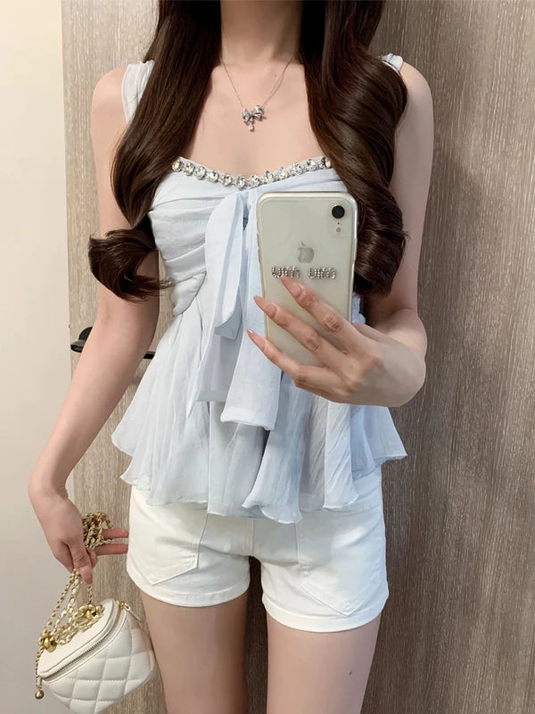 Pure Desire Knot Strap Diamond Vest – Women’s Summer Outdoor Waist Cinching Sleeveless Top Blue
