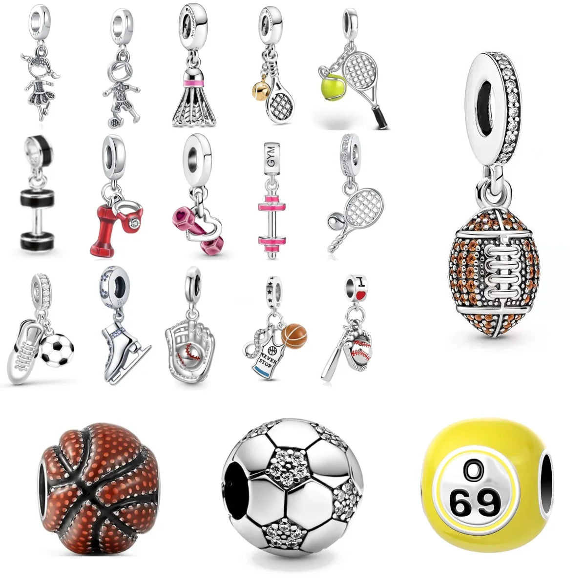 925 Sterling Silver Sports Charms – Football, Baseball, Tennis, Dumbbell Pendants Fit European Bracelets