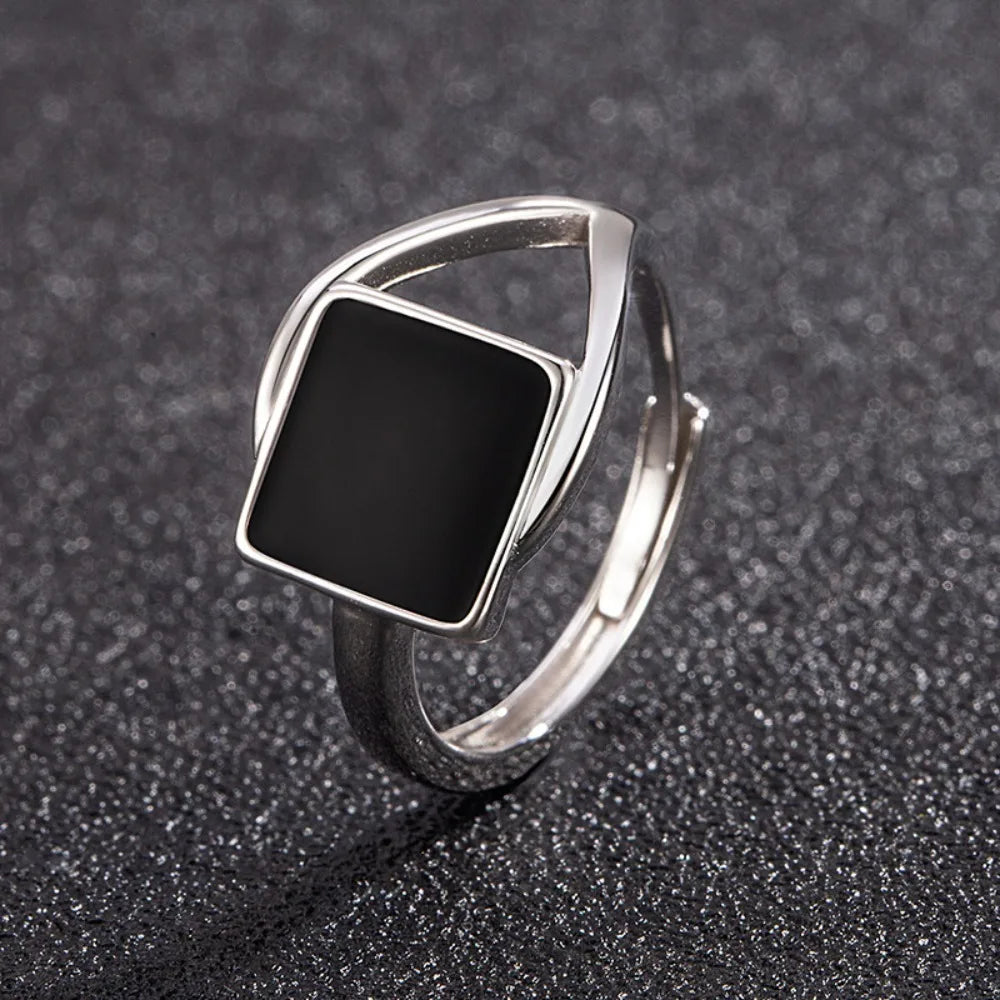 Adjustable Black Onyx Square Opening Ring – Geometric Skeleton Design Fashion Jewelry for Women & Men