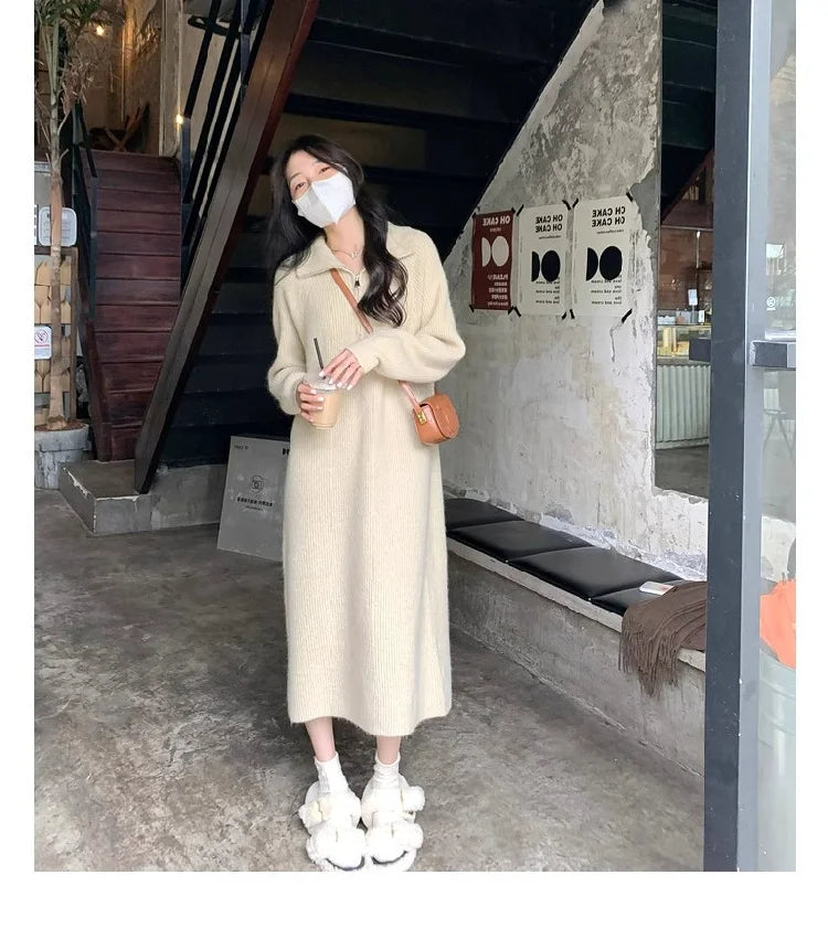 2025 Spring Autumn Knitted Midi Dress for Women | Long Sleeve Loose Fit Base Layer Straight Cut Polyester Dress