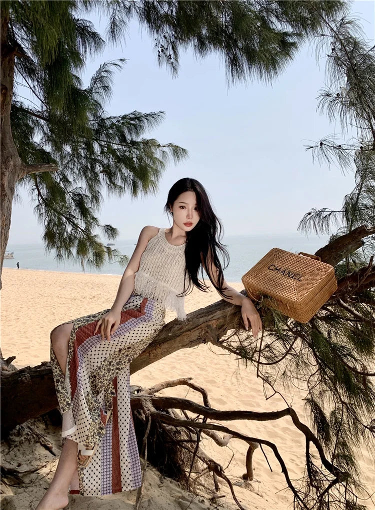 Vacation Style High Waist Wide Leg Pants – Thin Long Ethnic Print Pants for Beach & Holiday Wear