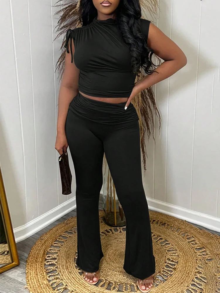 2025 New Arrival Women’s Black Drawstring Tank Top & Flared Trousers Set – Casual Tight-Fitting Everyday Outfit 🖤✨