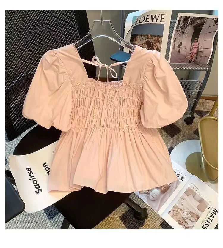 ☀️ Summer 2025 New Square Collar Pleated Short Sleeve Doll Shirt 👚 Women’s Small Size Bubble Sleeve Chiffon Blouse Top 🌸