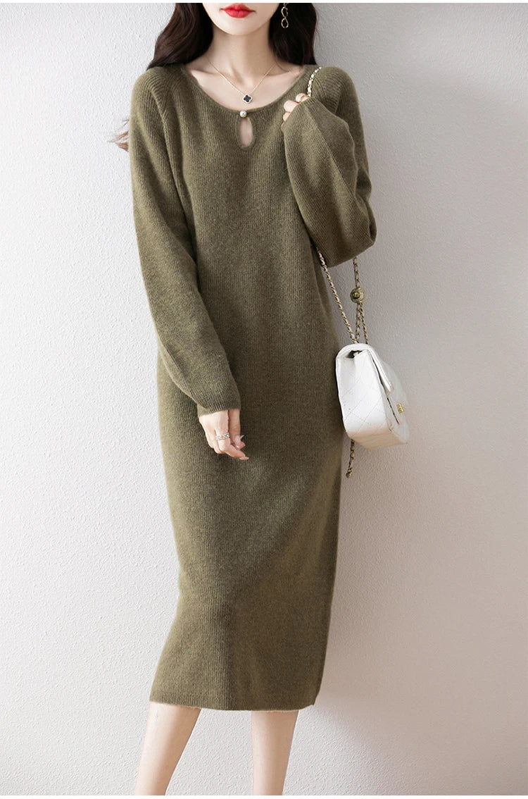 Loose Knitted Sweater Dress for Women – Round Neck Long Sleeve Casual Autumn New Arrival Elegant Fashion Dress