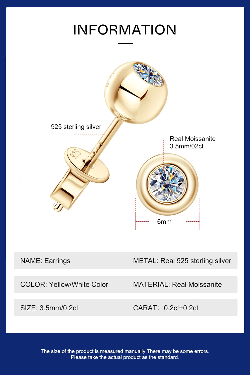 0.2ct Moissanite Bubble Stud Earrings – 925 Sterling Silver 18K Yellow Gold Plated Unisex Jewelry