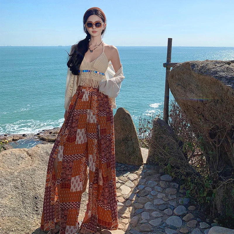 Vacation Style High Waist Wide Leg Pants – Thin Long Ethnic Print Pants for Beach & Holiday Wear