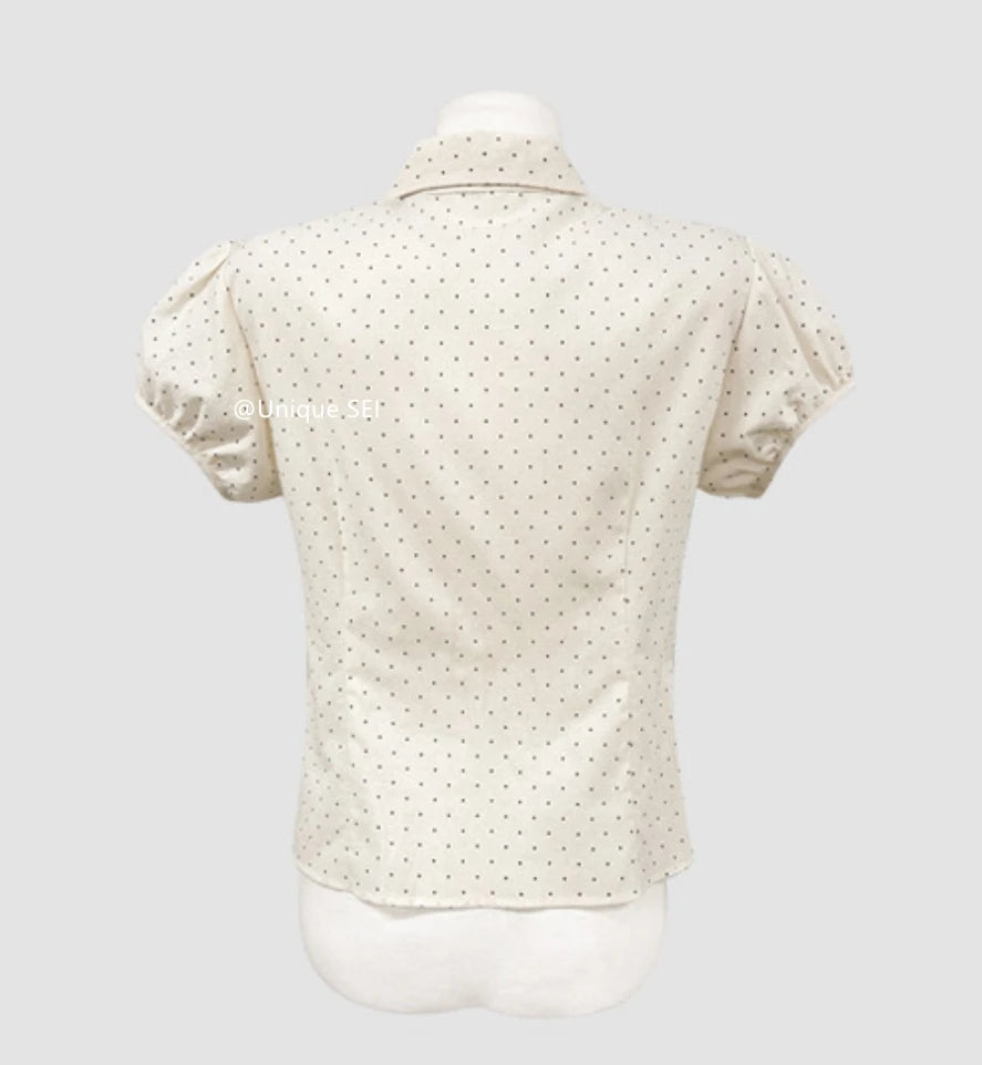 Sweet Korean Style Polka Dot Short Sleeve Blouse | Women’s Slim Fit Summer Top with Bubble Sleeves