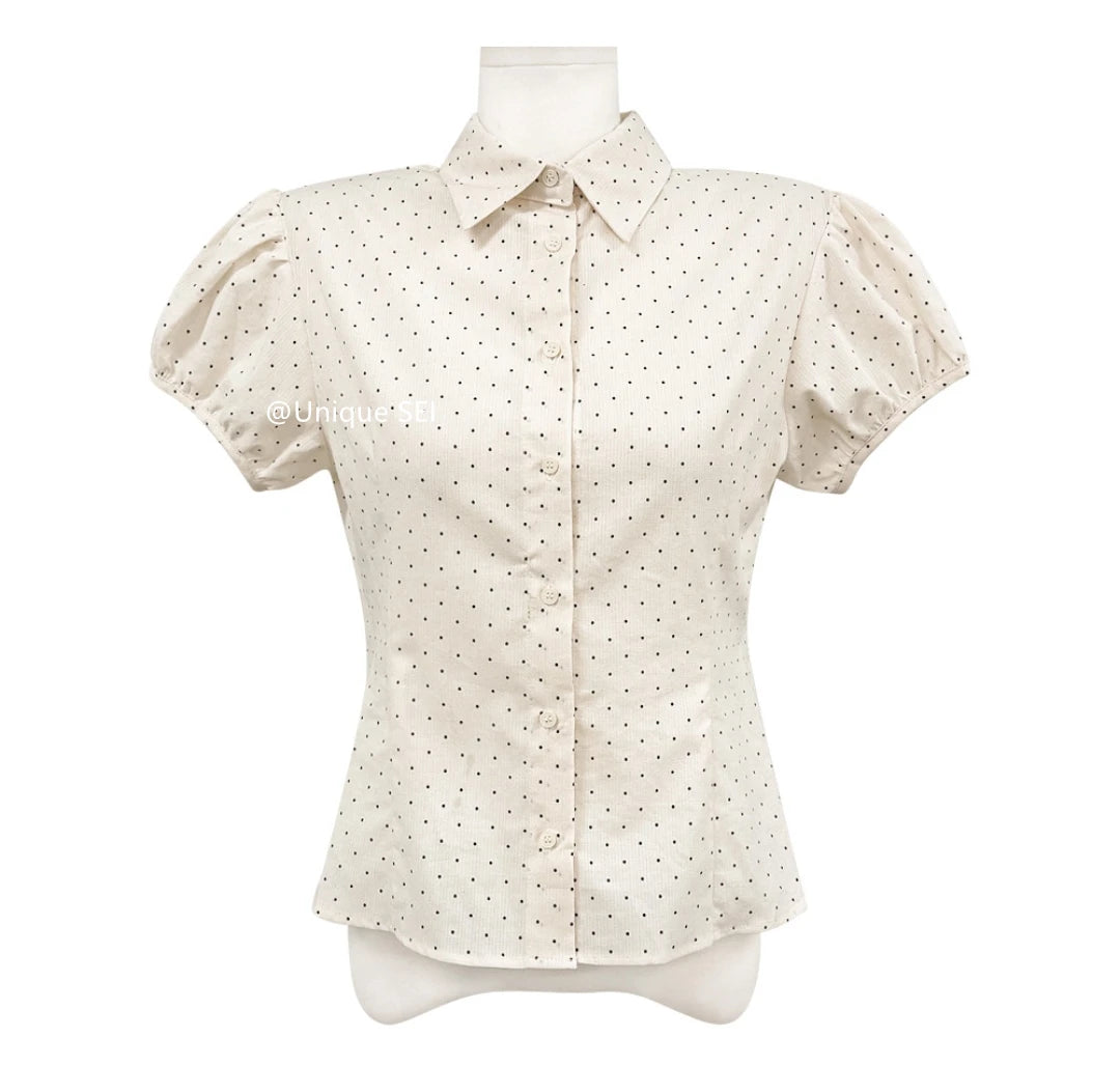 Sweet Korean Style Polka Dot Short Sleeve Blouse | Women’s Slim Fit Summer Top with Bubble Sleeves