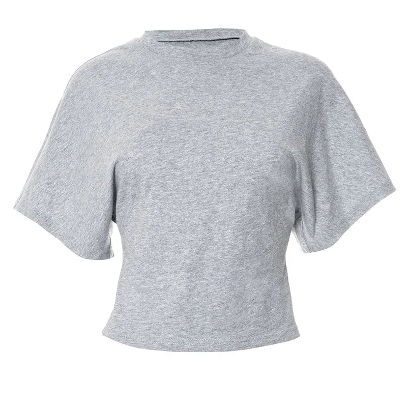2025 Solid Gray Cropped T-Shirt for Women | Casual O-Neck Corset Top | Streetwear Short Sleeve Summer Tee